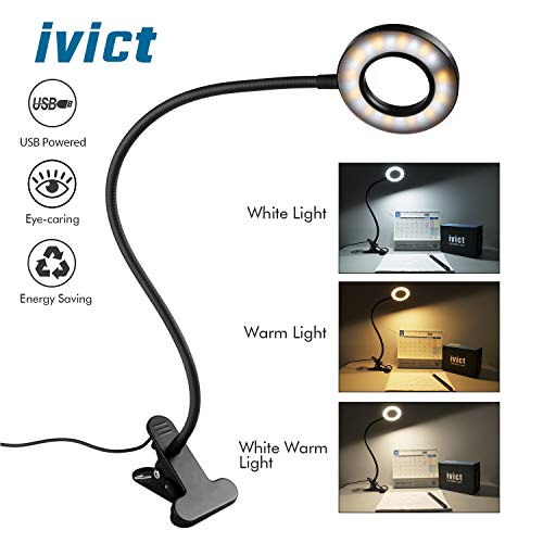 Product Cover Clip on Light Reading Lights - iVict 24 LED USB Book Clamp Light with 3 Color Modes, 10 Brightness Dimmer and Auto Off Timer, Eye Protection Kids Desk Lamp, 360 ° Flexible Gooseneck Bed Night Light