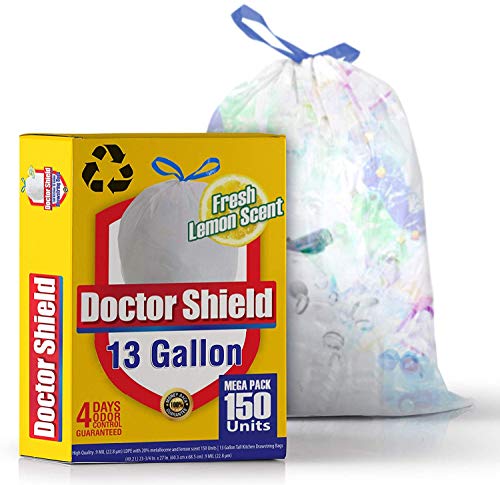 Product Cover 13 gallon Kitchen Trash Bags Garbage Bag Trash Can Liners for Dumpster Bin 150 Count - Strong White Drawstring Odor Shield Bags for Refuse Disposal
