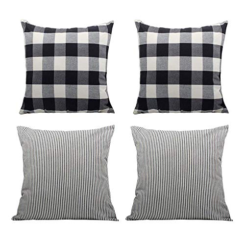 Product Cover COMHO Pack of 4, Cotton Woven Farmhouse Decorative Throw Pillow Covers, Rustic Cushion Covers, Square Buffalo Checker & Stripe Pillowcase for Sofa Bed (Pack of 4, 18''X18'')