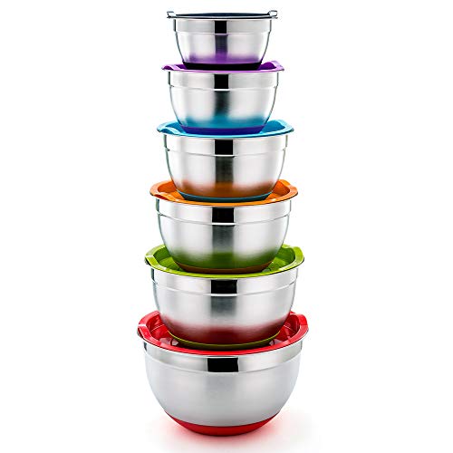 Product Cover P&P CHEF Mixing Bowls With Lids, Set of 6 (12 Piece), Stainless Steel Nesting Mixing Bowls & Tight Fitting Lids & Non-Slip Silicone Bottom, 6 Multi Size (1/1.5/2.5/3/4/5qt)