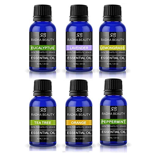 Product Cover Radha Beauty Aromatherapy Top 6 Essential Oils (Lavender, Tea Tree, Eucalyptus, Lemongrass, Orange, Peppermint) - 100% Natural Basic Gift Set for Aromatherapy, Diffusers, Soap, DIY Skincare