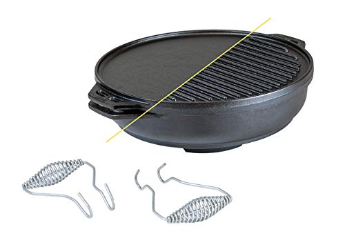 Product Cover Lodge Cast Iron Cook-It-All Kit. Five-Piece Cast Iron Set includes a Reversible Grill/Griddle 14 Inch, 6.8 Quart Bottom/Wok, Two Heavy Duty Handles, and a Tips & Tricks Booklet.
