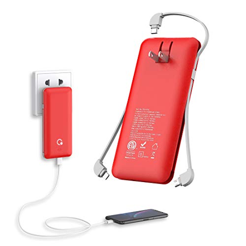 Product Cover 10000mAh Portable Charger, Ultra Slim Power Bank,4 Output and Dual Input External Battery Pack with Built-in AC Wall Plug Micro USB Type C Three Cables with USB Output Compatible with All mobilephone