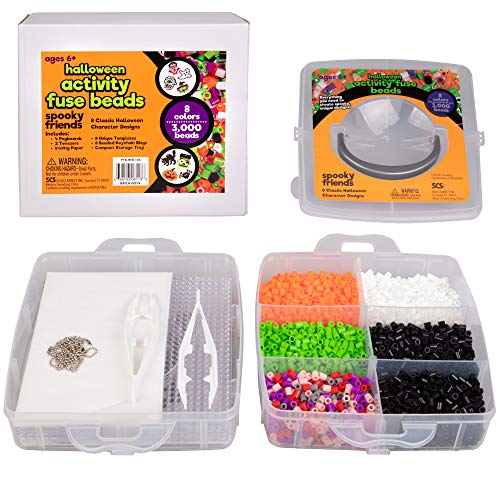 Product Cover 3000 Pc Fuse Bead Kit w 8 Keychains - Create 8 Unique Holiday Decorations w Fun Spooky Monster Ornament - Great Kids and Adults DIY Craft Toy Gifts - Compatible w Perler