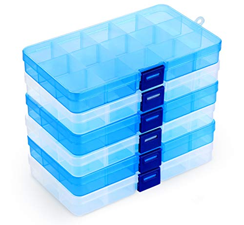 Product Cover Plastic Organizer Bead Storage Box with Compartments Containers with Movable Dividers for Small Earring Jewelry Craft Sewing Supplies, 15 Grid, 6 Pack