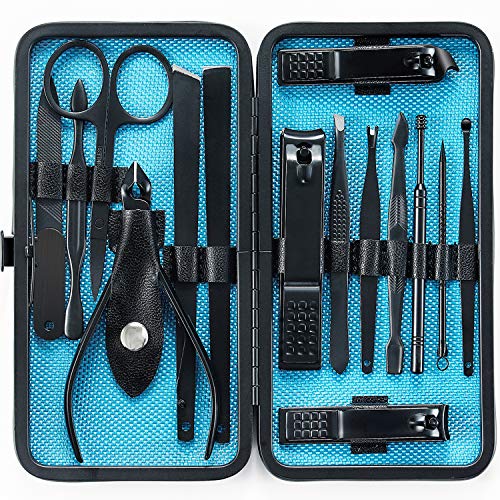 Product Cover Manicure Set, HANTEKAS 15 in 1 Stainless Steel Professional Pedicure Kit Nail Clippers Scissors Grooming Kit with Black/Blue Leather Travel Case