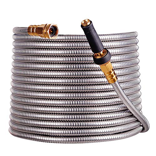 Product Cover scriptract 100'304 Stainless Steel Garden Hose with Free Removable Brass Nozzle Lightweight Metal Hose - Portable Durable and Resistant to Knots, Tangles and Punctures (100)