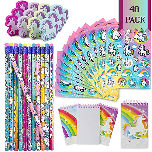 Product Cover FavinorTM Unicorn Stationary Party Souvenirs Favors 48 Gift Pack - 12 Erasers - 12 Themed Booklets - 12 Pencils - 12 Stickers - Kids Birthday Party Supplies Bulk Set - Ideal As Party Favor, Reward Prizes, carnival And Events