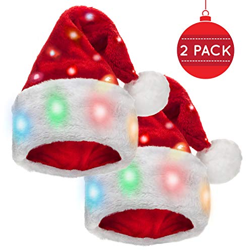 Product Cover Funny Santa Hats for Adults [2 Pack] with 20 Blinking Color-Changing Light up LED Lights - Soft Plush Faux Fur Funny Christmas Hats for Adults and Kids (2 Hats)