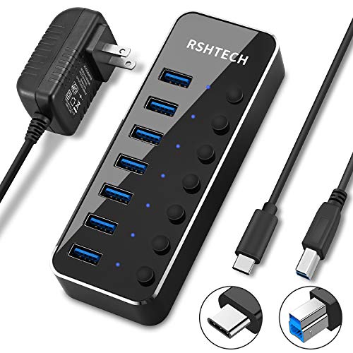 Product Cover Powered USB HUB RSHTECH Type C to 7 Port USB 3.0 Hub Aluminum Portable Splitter with Individual On/Off Switches (7-Ports)