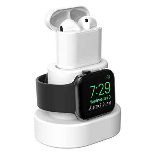 Product Cover Moretek Charger Stand for Apple Watch 38mm 42mm 40mm 44mm iWatch Series 1 2 3 4 5 Apple Watch Charging Stand Holder, AirPods Accessory Charger Dock (White)