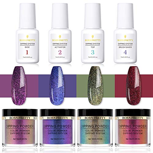 Product Cover BORN PRETTY 10ml Dipping Chameleon Powder System Without Lamp Cure Natural Dry Mirror Effect Glitter 4 Box Powder with 4 Bottle System Liquid