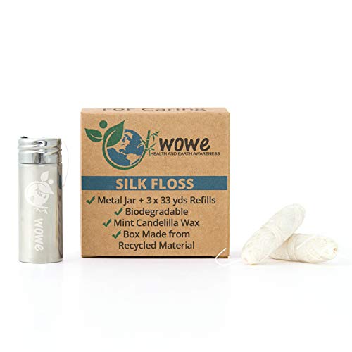 Product Cover Wowe Natural Biodegradable Peace Silk Dental Floss with Mint Flavored Wax, Refillable Stainless Steel Container and 3 Refills - 99 Yards Total