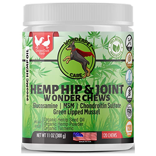 Product Cover WonderPet Care Hemp Hip & Joint Supplement for Dogs Chondroitin Glucosamine MSM Hemp Oil Hemp Powder Turmeric | Extra Strength Formula for Arthritis Pain Relief & Mobility Increase | 120 Soft Chews