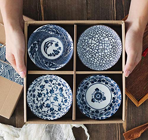 Product Cover Mose China ~ Set of 4, Japanese Style Ceramic Rice Bowl Assorted Designs Traditional Blue and White Pattern Underglazed Dinnerware Ideal For Dessert Snack Cereal Soup in Gift Box