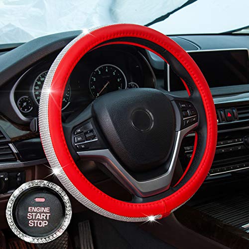 Product Cover New Diamond Leather Steering Wheel Cover with Bling Bling Crystal Rhinestones, Universal Fit 15 Inch Anti-Slip Wheel Protector for Women Girls,Red