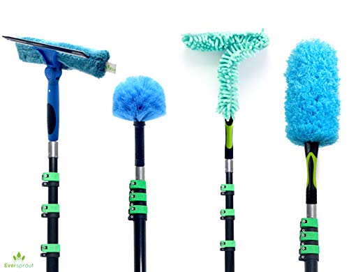 Product Cover EVERSPROUT 4-Pack Duster Squeegee Kit with Extension Pole (30+ Foot Reach) | Swivel Squeegee, Hand-Packaged Cobweb Duster, Microfiber Feather Duster, Ceiling Fan Duster, 24 Foot Telescopic Pole