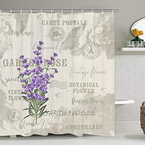 Product Cover Lavender Shower Curtain Vintage Postcard Flower Shower Curtains with 12 Hooks, Floral Herbs Leaves Durable Waterproof Shower Curtain for Bathroom