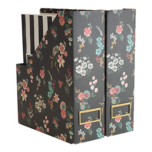 Product Cover Blu Monaco Foldable Magazine File Holder with Gold Label Holder - Set of 2 Cardboard Magazine Organizers and Storage - Floral and Black Magazine Holder - Magazine Organizer