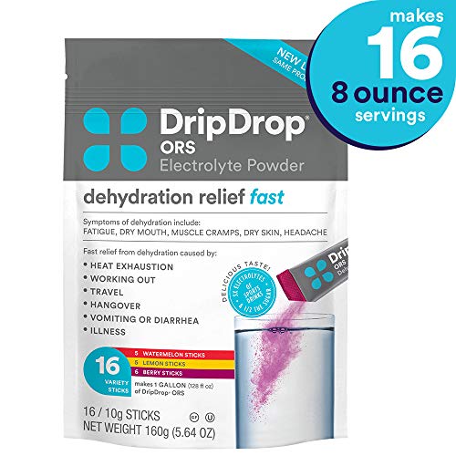 Product Cover DripDrop ORS - Patented Electrolyte Powder for Dehydration Relief fast - For Heat Exhaustion, Hangover, Illness, Sweating & Travel Recovery, Variety Pack, 16Count