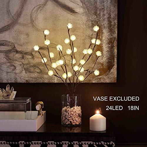 Product Cover Hairui Lighted Twig Willow Branch with ICY Flowers 18in 24 LED Battery Operated for Christmas Home Decoration Indoor Outdoor Use String Lights Wire Invisible 2019 New (Vase Excluded)