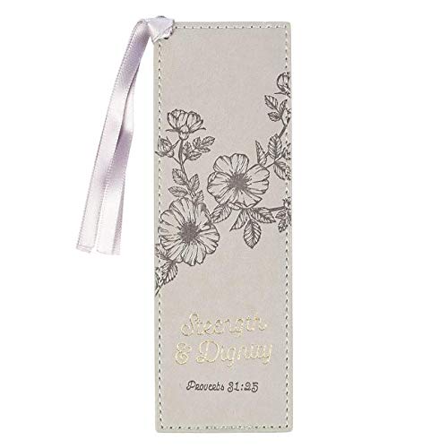 Product Cover Strength and Dignity Proverbs 31:25 Grey Faux Leather Christian Bookmark with Satin Ribbon, Bible Verse Bookmark for Women