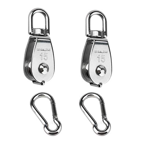Product Cover 2PCS 304 Stainless Steel Single Pulley Block M15, Wire Rope Crane Pulley Block Hanging Wire Towing Wheel with 2PCS Spring Snap Hook