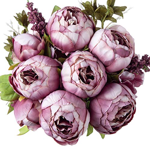 Product Cover Flojery Silk Peony Bouquet Vintage Artificial Peonies Flower for Home Wedding Party Decor (1pcs, Bean)