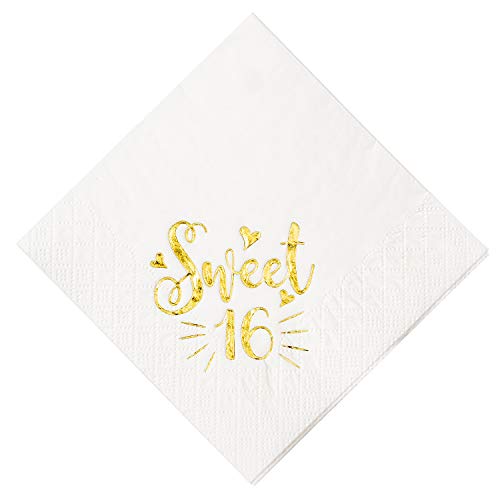 Product Cover Crisky Sweet 16 Cocktail Napkins for 16th Birthday Decorations Candy Table Decor, Beverage Napkins Sweet 16 Birthday Supplies, 50 Pcs, 3-Ply, Gold, 4.9