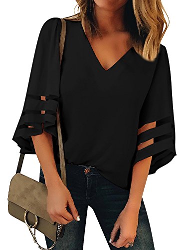 Product Cover LookbookStore Women's V Neck Mesh Panel Blouse 3/4 Bell Sleeve Loose Top Shirt