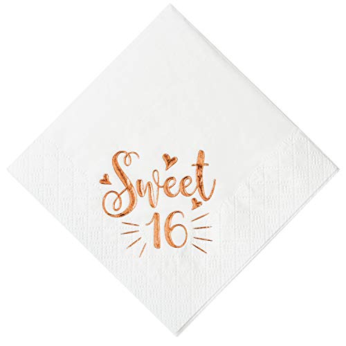 Product Cover Crisky Sweet 16 Cocktail Napkins for 16th Birthday Decorations Candy Table Decor, Beverage Napkins Sweet 16 Birthday Supplies, 50 Pcs, 3-Ply, Rose Gold, 4.9