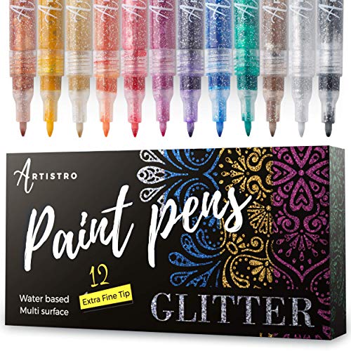 Product Cover Glitter Paint Pens for Rock Painting, Scrapbook Journals, Photo Albums, Card Stocks, Paper Project, Coloring. Set of 12 Acrylic Glitter Paint Markers Extra-Fine Tip 0.7mm