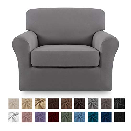 Product Cover Easy-Going 2 Pieces Microfiber Stretch Couch Slipcover - Spandex Soft Fitted Sofa Couch Cover, Washable Furniture Protector with Elastic Bottom Kids,Pet (Chair, Light Gray)
