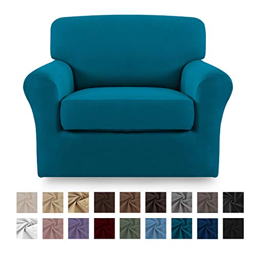 Product Cover Easy-Going 2 Pieces Microfiber Stretch Couch Slipcover - Spandex Soft Fitted Sofa Couch Cover, Washable Furniture Protector with Elastic Bottom for Kids,Pet (Chair, Peacock Blue)