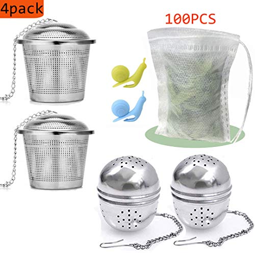 Product Cover Tea ball Infuser Set of 4, Stainless Steel Tea Strainer Fine Mesh Tea Steeper - 2 Loose Leaf Tea Infuser Cups + 2 Mesh Tea Balls, Plus 100pcs Disposable Tea Filter Bags with String (1001)