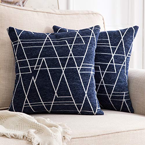 Product Cover MIULEE Pack of 2 Decorative Throw Pillow Covers Woven Textured Chenille Cozy Modern Concise Soft Navy Blue Square Cushion Shams for Bedroom Sofa Car 18 x 18 Inch