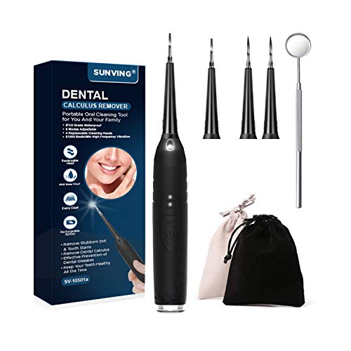 Product Cover Electric Dental Calculus Remover, SUNVING Tooth Tartar Scraper Dental Stains Scaler with 4 Replaceable Clean Heads - Teeth Cleaning Tools Powered by USB - Black (Upgraded Version)