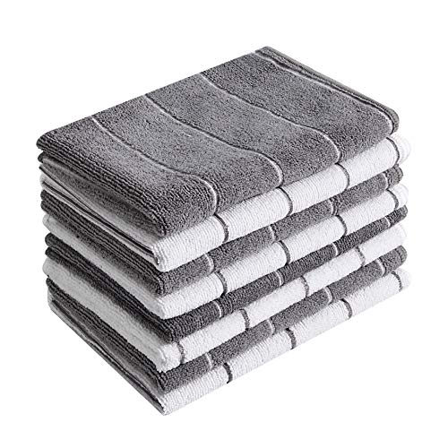 Product Cover Microfiber Kitchen Towels - Super Absorbent, Soft and Solid Color Dish Towels, 8 Pack (Stripe Designed Grey and White Colors), 26 x 18 Inch