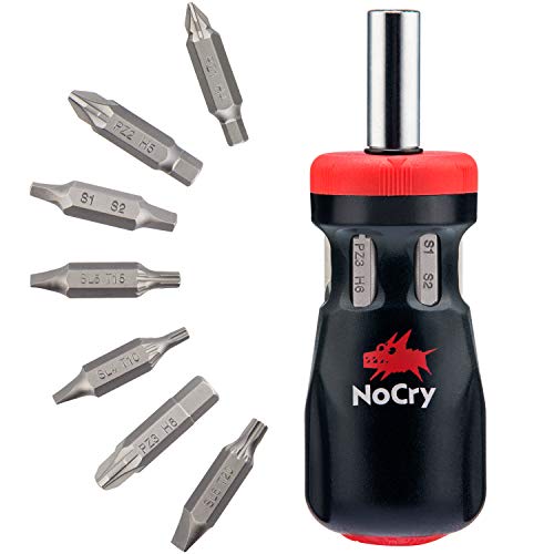 Product Cover NoCry Stubby Ratcheting Screwdriver Kit with 14-in-1 Mini Bit Set including Flathead, Hex, Torx, Square and Pozidriv Tips