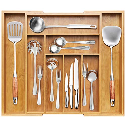 Product Cover BAYKA Kitchen Drawer Organizer Bamboo Expandable Silverware Organizer, Adjustable Desk Drawer Divider, Large Utensil, Cutlery, Tools, Stationary & Silverware Tray - 8 Compartments