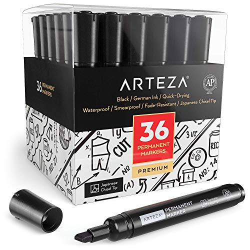 Product Cover ARTEZA Permanent Markers Set of 36 (Black, Chisel Tip) - Waterproof Markers - Premium Smear Proof Pens - Waterproof - Quick Drying