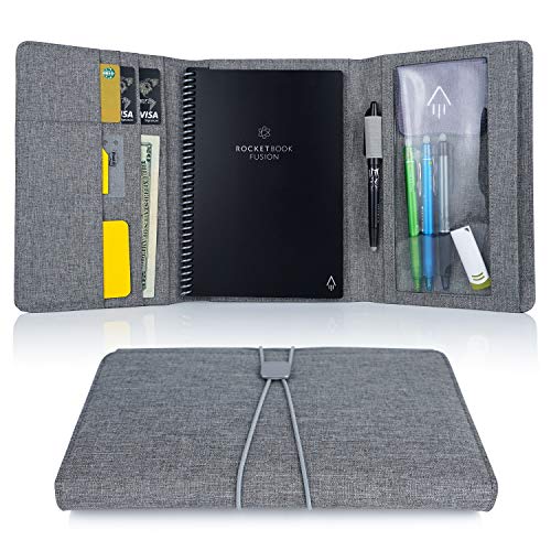 Product Cover Folio Cover for Rocketbook Everlast Fusion - Executive Size, Waterproof Fabric, Multi Organizer with Pen Loop, Zipper Pocket, Business Card Holder, fits A5 size Notebook, 9 x 6 inch, Gray