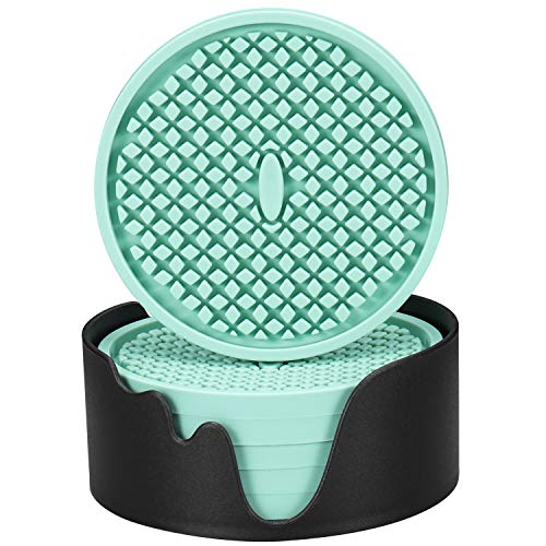 Product Cover ME.FAN Silicone Coasters [6 Pack] Thickened Drink Coasters with Holder - Cup Mat - Non-Slip, Non-stick, Stay Put, Deep Tray - Prevents Furniture and Tabletop Damages(Peppermint Green)