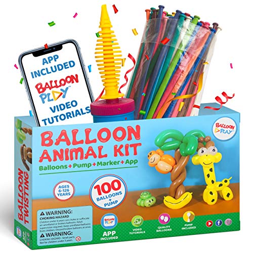 Product Cover Balloon Animal Kit for beginners and App | 100 long twisting balloons for balloon animals, Pump and Balloon App with 24+ video tutorials, fun gift for Boys, Girls & Adults of all ages by BalloonPlay