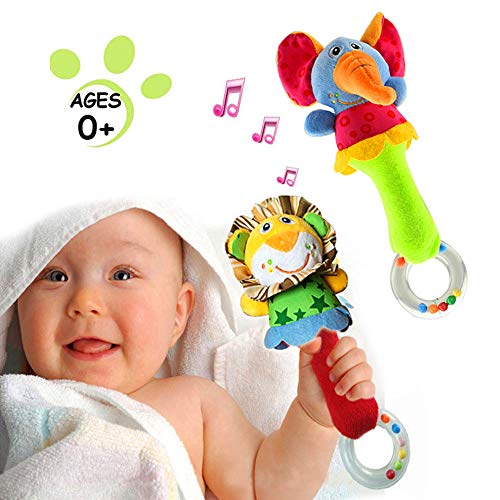 Product Cover Baby Soft Rattles Shaker | Infant Developmental Hand Grip Baby Toys | Cute Stuffed Animal with Sound for 3 6 9 12 Months and Newborn Gift(2 Pack)
