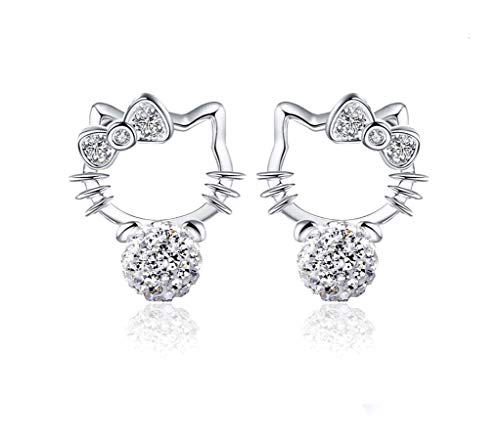 Product Cover Cute Silver Hello Kitty stud Earrings Cubic Zircon Bow Cat earrings For Girls Women White Gold Plated