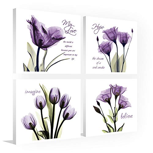 Product Cover Sweety Decor, Canvas Print Wall Art Painting, Elegant Purple Flower for Home Decor, 12 x 12in x 4Panels (Purple, 12 x 12in)