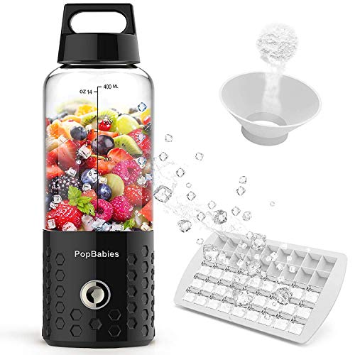 Product Cover PopBabies Portable Blender, Personal Blender with USB Rechargeable Small Blender for Shakes and Smoothies, Stronger and Faster with Ice Tray Funnel Recipe, Black (FDA BPA free)
