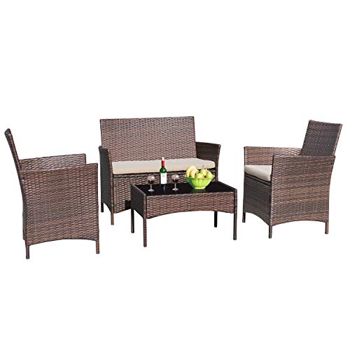Product Cover Devoko 4 Pieces Patio Porch Furniture Sets PE Rattan Wicker Chairs Beige Cushion with Table Outdoor Garden Patio Furniture Sets (Brown)