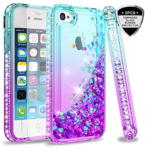 Product Cover LeYi iPhone 4S Case with Tempered Glass Screen Protector [2 Pack] for Girls Women, Cute Shiny Glitter Moving Quicksand Clear TPU Protective Phone Case Cover for Apple iPhone 4/ 4S/ 4G ZX Teal/Purple
